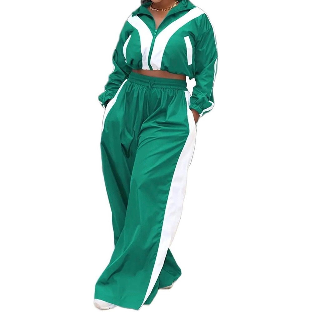 Green Colorblock Tracksuit Set Cropped Windbreaker Wide Leg Pants XXL